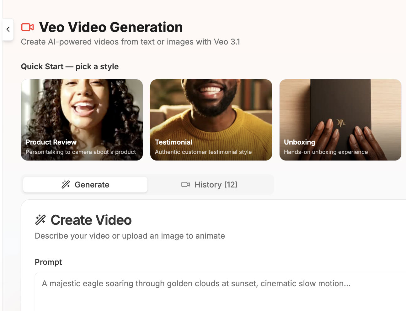 AI video generation with UGC presets