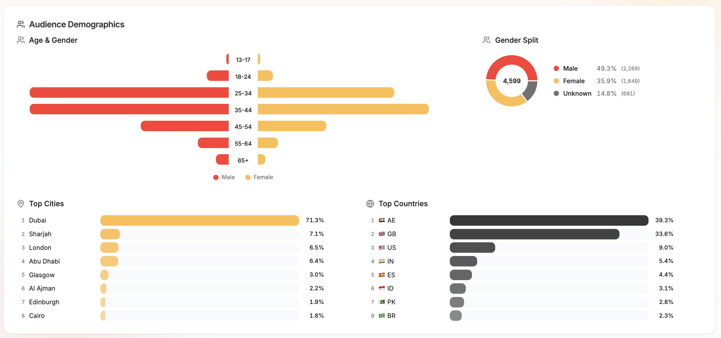 Instagram Analytics dashboard showing audience demographics, top cities, and top countries