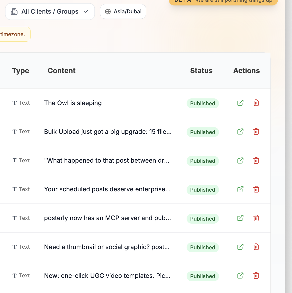 Post publishing queue with status indicators